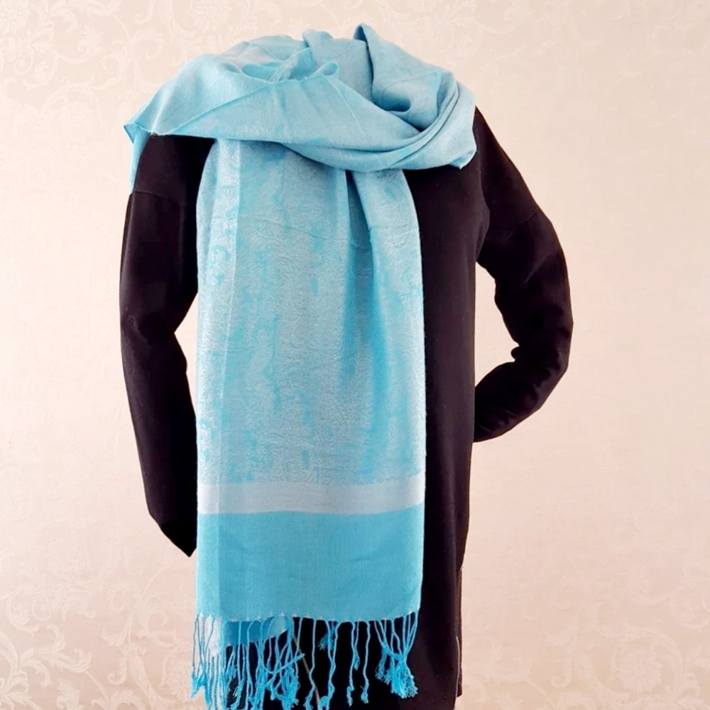 Luxury Sky Blue Pashmina Silk Blend Paisley Shawl Wrap Scarf 70x27